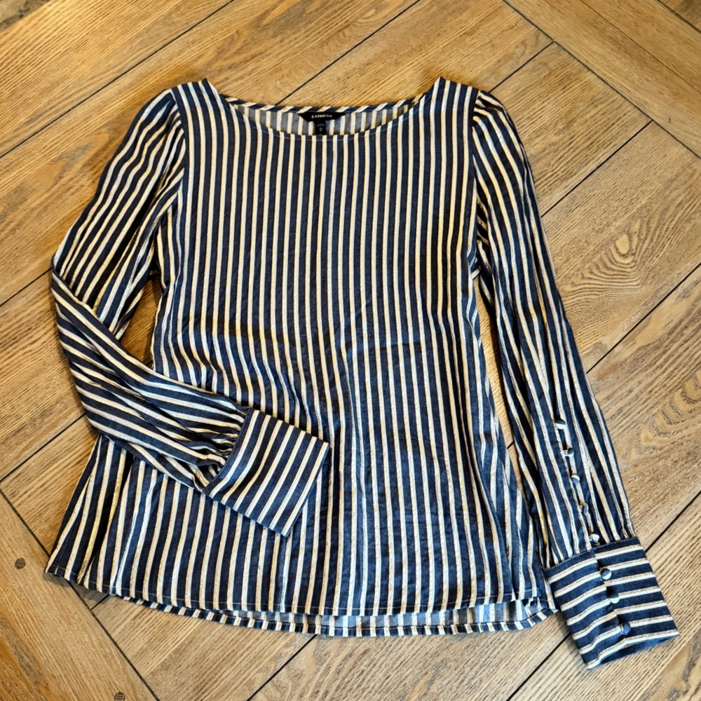 Express Black and White Fitted Ribbed Long Sleeve Blouse